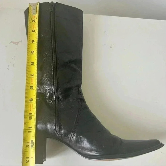 LEATHER BELOW KNEE BLACK HEELED BOOTS ZIPPER CLOSURE BLOCK  HEELS  SIZE 36 - Picture 5 of 12